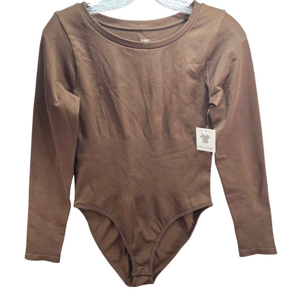 Clozoz Womens Long Sleeve Ribbed Seamless Bodysuit Brown Scoop Neck Large NEW